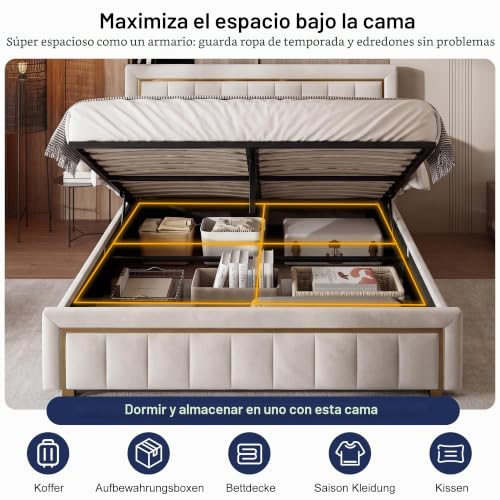 Miniatura 3 de Bpkadhy Cama Tapizada Doble De 160 X 200 Cm, Cama Con Canapé Abatible Hidráulico, Estructura Con Cabecero Y Somier De Láminas De Madera, Cama Funcional Juvenil Con Respaldo, Terciopelo, Blanco Arroz