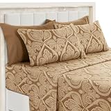 Hannah Linen Paisley Queen Sheet Set, 6 PC Soft Microfiber Wrinkle Free Sheets - Luxurious Printed Bed Sheets Includes Flat Sheet, Fitted Sheet with Deep Pockets, & 4 Pillowcases - Brown