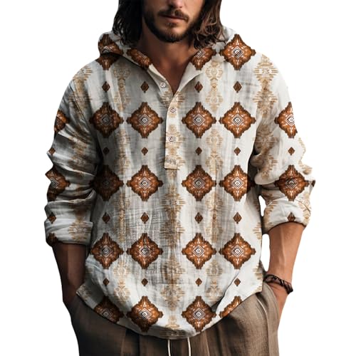 LOAIHA Mens Bohemian Ethnic Print Hooded Henley Shirt Long Sleeve Cotton Blend Lightweight Pullover Top for Fall Winter