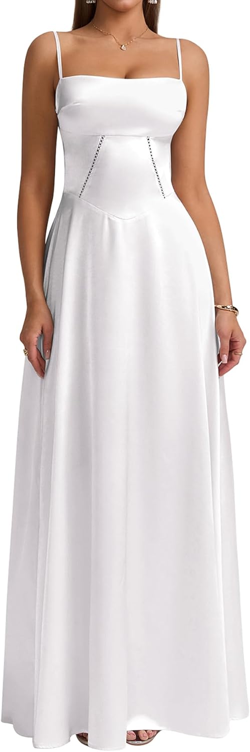 KUTUMAI Satin Maxi Dress Spaghetti Strap Lace Up Long Formal Dresses for Women Wedding Guest Cocktail Evening Prom