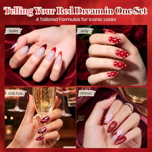 Image of Beetles Red Gel Nail Polish Set, Jelly Glitter Cat Eye Solid Color | 20 Colors Shimmer Magnetic Nail Gel Kit with Base Coat Top Coat Matte Top Coat, LED UV Light Cure Soak Off Nail Art Manicure