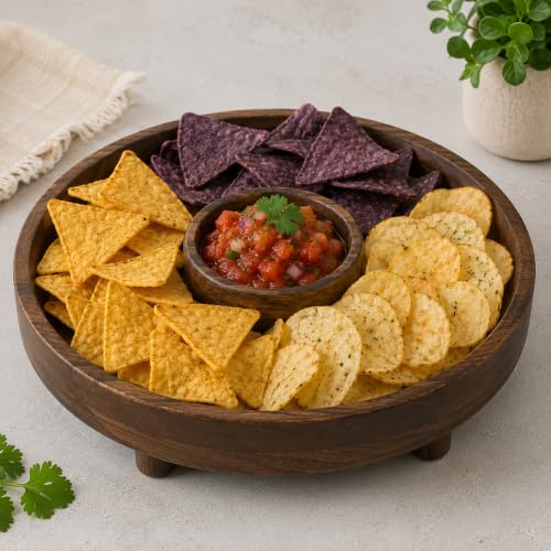 Image of D&G Homes Sheesham Wooden Round Serving Tray with Legs, Multipurpose Serving and Decor| Premium Handcrafted Wooden Tray for Home, Kitchen, Dining Table, Restaurant, Office Organizer