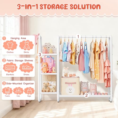 ZHKINGGS Kids Dress Up Storage with 4 Storage Shelf, More Storage Space Kids Clothing Rack for Costume Organizer Playroom Kids Girls Bedroom Nursery Organizer (Classic, White)