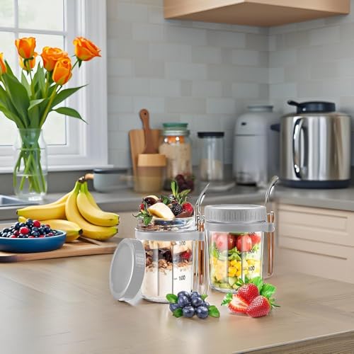 Image of Marve Glass Overnight Oats Jars With Spoon And Lid 350 ML, Airtight Oatmeal Container With Measurement Marks, Mason Jars With Lid For Cereal On The Go Container Yugart (Oats jar 2 Pcs)