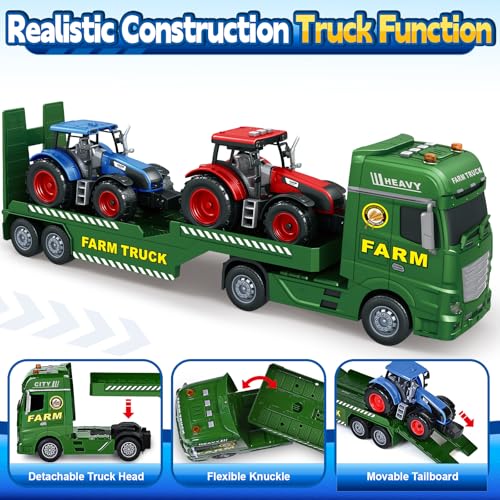 Bstoyder Toddler Boy Toys for 3 4 5 6 7 Years Kids, 25\" Semi Flatbed Truck Toy with 2 Tractors, Friction Powered Vehicles Toys with Lights and Sounds, Birthday for Boy Girls - Thumbnail 2