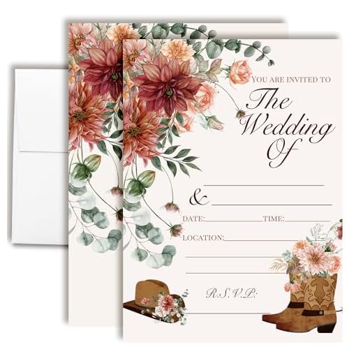 Amanda Creation Cowboy Boot Wedding Invitations, 20 Fill In Invites with 20 White Envelopes, 5x7 Double Sided Western Floral Wedding Invite Set