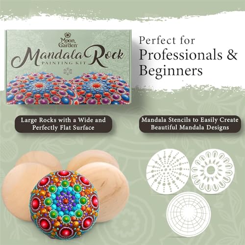 MoonGarden Mandala Rock Painting Kit – Mandala Dotting Tools Kit – Large Wooden Rocks for Painting, Stencils, Acrylic Paints, Dotting Tools for Rocks – Dot Art Kit for Adults &amp; Kids