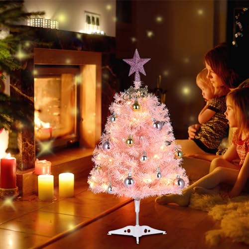 Mini árvore de Natal rosa, árvore de Natal artificial de 61 cm com luzes e enfeites para pendurar, p