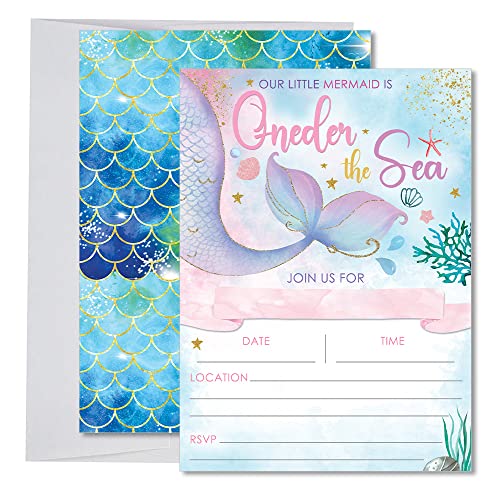 Mermaid 1st Birthday Oneder the Sea Pool Party Invitations for Baby Girls First Birthday Watercolor Under the Sea Pool Party