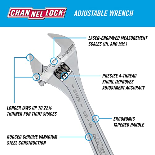 Channellock Adjustable Wrench, 10 In, Chrome, Plain #TOP2