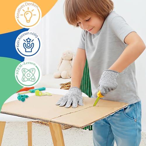 Kibbidea Karton-Baukasten für Kinder (170 Teile), Werkzeugkasten aus recycelter Pappe, Kreatives STEM- und STEAM-Lernspielzeug ab 5 Jahren