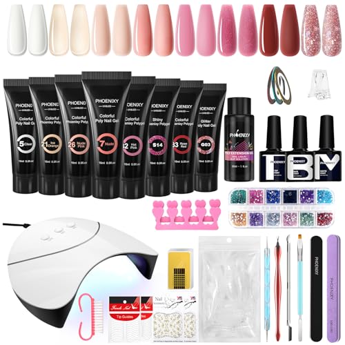 Phoenixy Gel de Extensión de Uñas Completo Set, 8 Colores 15 ML Kit Uñas de Gel con 36W U V/LED Lámpara, Base Top Coat Brillante y Mate Regalos de Nail Art para Principiantes