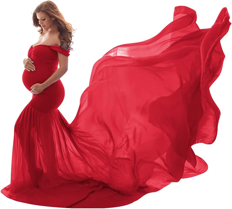Women Maternity Dress for Photography Mermaid Off Shoulder Slim Fitted Chiffon Gown Flowy Baby Shower Maxi Photo Props Dress