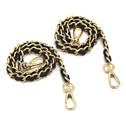 Model Worker 2-PACK 1/2" Wide 23.6" Leather Iron Flat Chain Strap Handbag Chains Accessories Purse Straps Shoulder Replacement Straps with Metal Buckles (Black Strap+Gold Chain) Cover