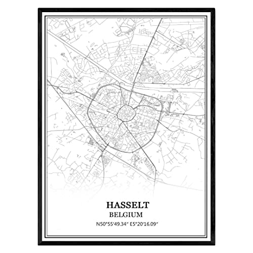 Hasselt Bélgica Mapa de pared arte lienzo impresión cartel obra de arte sin marco moderno mapa en blanco y negro recuerdo regalo decoración del hogar -12x16 inches Cover