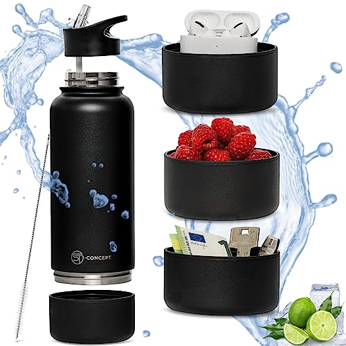 ST-Concept - Botella de agua de 1 l - Botella de agua - Acero inoxidable - Sin BPA - Apto para bebidas carbonatadas - A prueba de fugas - Con compartimento de almacenamiento - Cepillo gratis