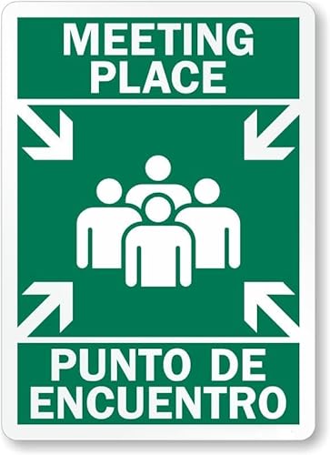 Bilingual Evacuation Point Sign Meeting Place Punto De Encuentro with Graphic - Metal Sign – Warning for Wall Or Fence Durable Weatherproof Clear Emergency Direction 12X16 Inch
