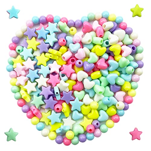 500 Pastel Acrylic Heart Beads Star Beads Round Beads Colorful Assorted Mixed Shape Pony Beads DIY Jewelry Craft Making Necklace Rainbow Bracelet Large Hole Beads, Multicolor, 8mm/10mm/13mm