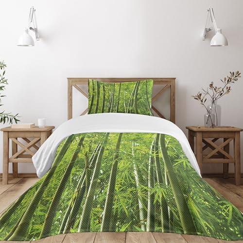 Ambesonne Forest Bedspread Set, Exotic Tropical Asian Leaves Nature Colors Wild Trees and Leaves Print Closeup Scene, 3 Piece Decorative Bedding Coverlet and 2 Pillow Shams, Twin Size, Green
