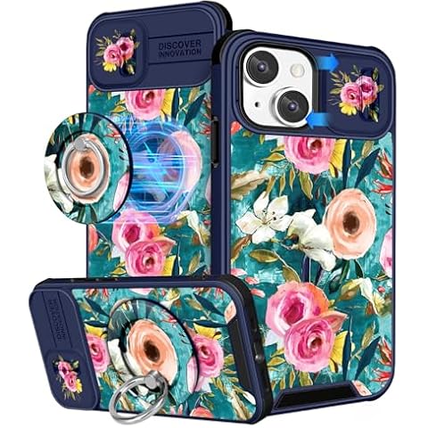 Buleens for iPhone 14 Plus Case 6.7 Inch - with Ring Stand & Camera Cover Cute Designed for Women Girls Girly Pretty Lake Blue Flowers for iPhone 14 Plus Phone Case Compatible with Magsafe Cover