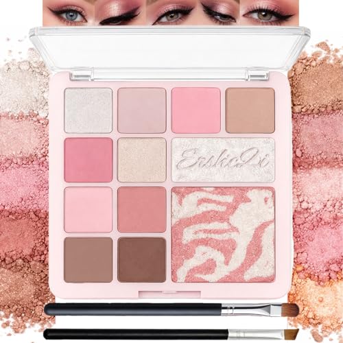 12 Colour Makeup Palette with Blush & Eyeshadow - Matte Shimmer Glitter Pink Tones - Long Lasting Highly Pigmented Korean Style Palette for Eye & Cheek Makeup - Soft Blendable Texture