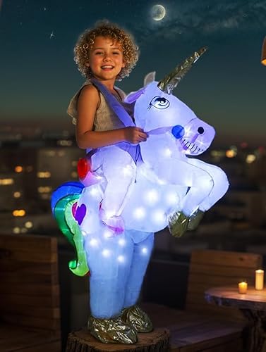 Disfraces inflables de unicornio para niños, jinete en disfraces inflables para niñas, Halloween inflable con luces LED, cosplay para niño