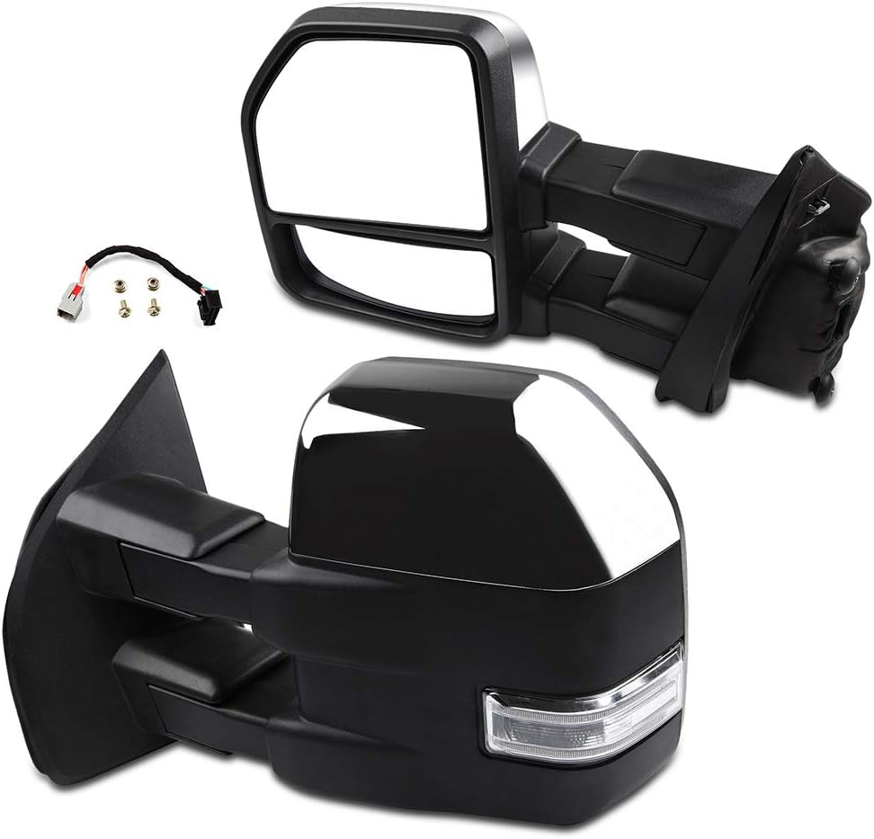 Tow Mirrors Fit for F150 Pickup Truck - Power Adjusted, Heated with Turn Signal, Puddle Light - Chrome Housing, Conversion Plug Pair (Left, Right)