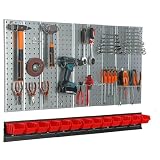 Parete degli attrezzi in metallo, 117 x 72 cm, sistema di stoccaggio con portautensili, ganci per attrezzi e 13 scatole impilabili, 80 x 115 x 60 mm, colore: rosso, tavola forata per officina, garage,