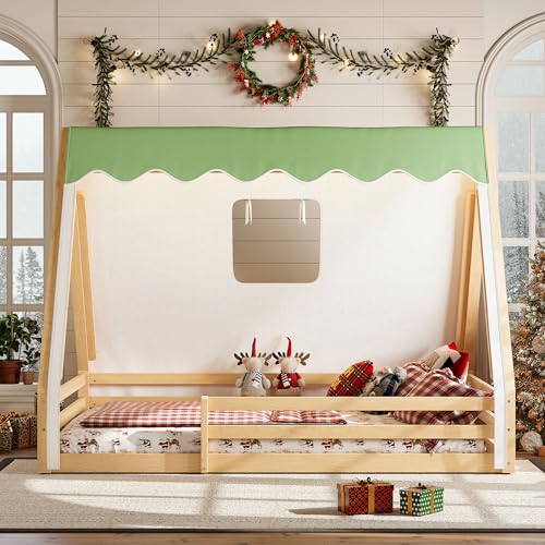 Image of CZBZ Full Size House Floor Bed with Canopy Tent and LED Lights, Wood Teepee Montessori Floor Beds Frame with Guardrails for Kids, Playhouse Design for Safe Sleep & Imaginative Play