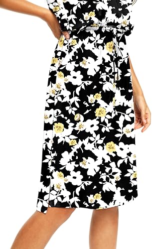 Image of Simier Fariry Womens Summer Short Sleeve Pocket Midi Work Casual Dress Floral White Black L