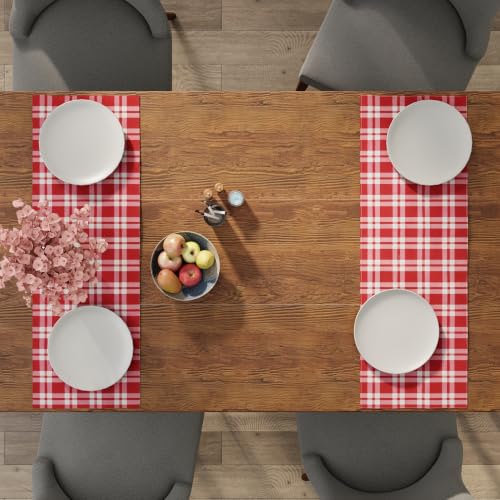 Image of Encasa XO Cotton Table Runner for 4 Seater | Size 13x36 in | Franca Red Checks - Machine Washable & Durable