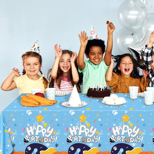 Image of Oudain 3 Pack Blue Dog Party Tablecloth Dog Them Birthday Decor 108'' x 54'' Blue Yellow Plastic Table Cloth Puppy Paw Prints Bone Disposable Rectangle Table Cover for Baby Shower Party Supplies