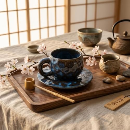 Image of NYRWANA Japanese Style Vintage Ceramic Coffee Cup & Saucer Set with Handle, 250ml Fancy Latte Art Tea Cup for Coffee, Tea, Mugs for Present, Anniversary, Wedding, Marriage Gifts for Couples