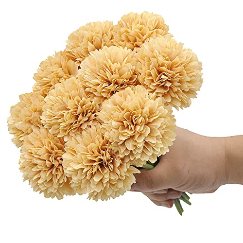 Blooming Paradise 10Pcs Artificial Fake Flower Plants Silk Chrysanthemum Ball Hydrangea Arrangements Wedding Bouquets Decor Home Kitchen Garden Party Table Floral Centerpieces Diy (Beige) #TOP2