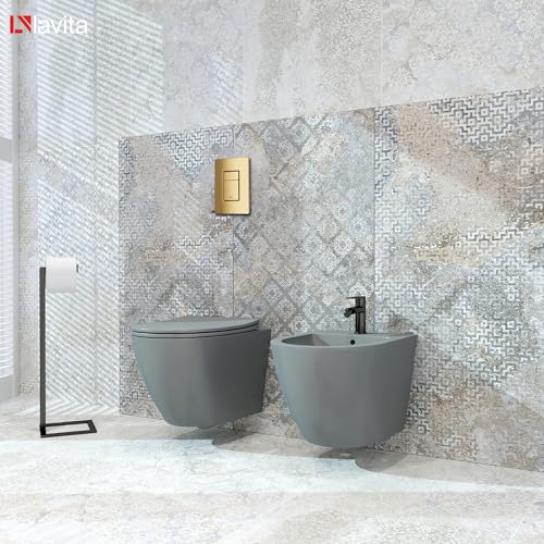 Lavita Vorwandelement Solido + Wand Hänge WC Sinto Grau Spülrandlos + WC Sitz mit Absenkautomatik Goldener Knopf Komplettset Unterputz Spülkasten Toilette Komplett Sett WC – Bild 8