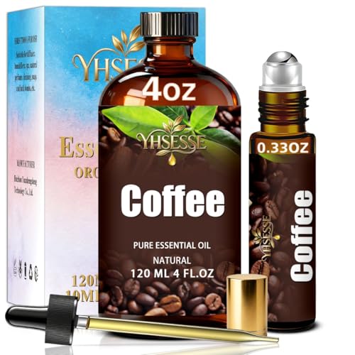 Coffee Essential Oil Coffee Oil 4 Fl Oz 120ml for Diffuser Yoga Soap & Candle Making with 0.33 Oz Roller Ball & Dropper YHSESSE Essential Oils
