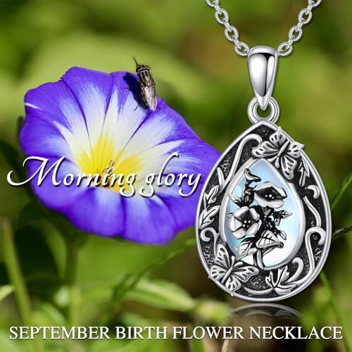 PROESS Birth Flower Necklace S925 Sterling Silver Birth Pendant Teardrop Moonstone Necklace Floral Butterfly Floral Jewelry for Women Mom Birthday Gift3
