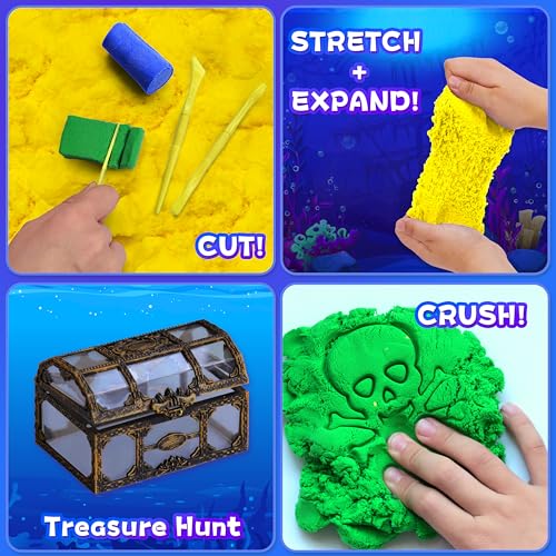 Carolart Pirate Stretchy Cloud Sand,Blue & Green & Yellow Play Sand,Treasure Chest with Sensory Sand,Stretchable,Moldable,Expandable Cloud Slime,Tactile Fun Sensory Kit, Sensory Toys for Kids Ages 3+