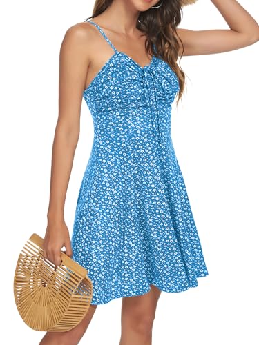Image of Missufe Spaghetti Strap Floral Mini Dress Women's Casual Ruched Front Drawstring Swing Sundress
