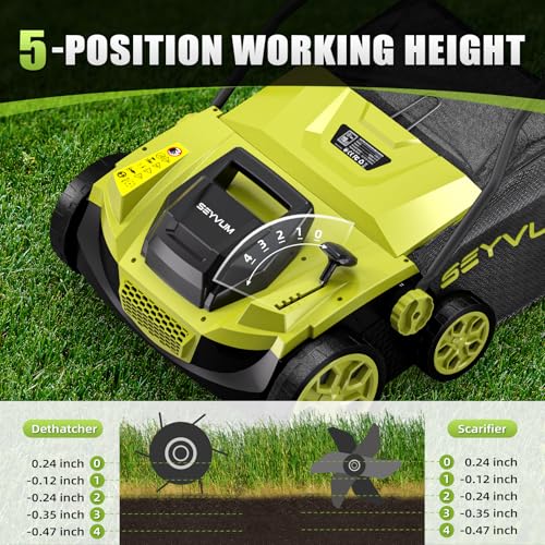 SEYVUM 15 Amp 15 inch Electric Dethatcher and Scarifier, Corded Lawn Dethatcher with 40L Collection Bag, 5-Position Working Height, Green - Image 5