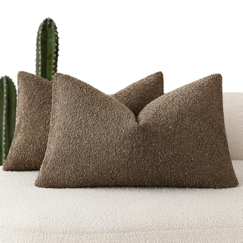 Image of Foindtower Pack of 2 Textured Boucle Throw Pillow Covers Accent Solid Decorative Lumbar Pillow Cases Cozy Couch Cushion Case for Chair Sofa Bedroom Living Room Home Decor 12x20 Inch Chocolate