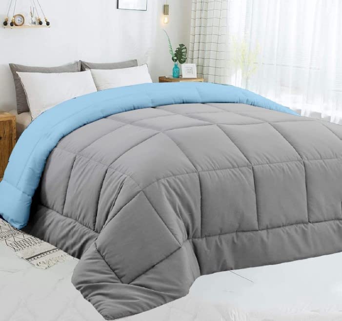 linenaffairs Comforter 150 GSM - 100% Microfiber Double Size Warm 1 Piece Comforter for Winter (90X100 Inch_Light Blue and Light Grey Color)