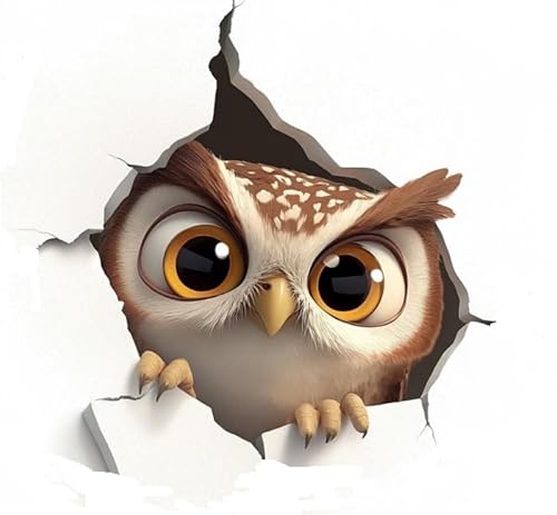 Peeking Owl 3D Broken Wall Car Decal, 3D Effect Broken Wall Peeking Design, Removable Vinyl Car Decor for Window or Bumper, (3D Cartoon)