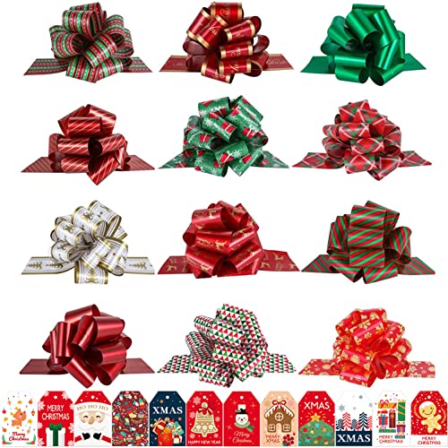 Pintreeland 24Pcs Christmas Bows For Gift Wrapping & 24Pcs Gift Tags, 5” Xmas Pull Bows With Ribbon Wrap Accessory For Present, Florist, Bouquet, Hamper, Basket Decor, Easy To Assemble #TOP23