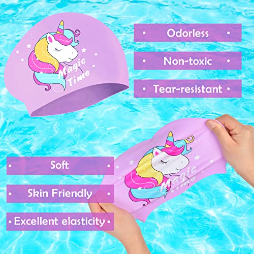 Kids Swim Caps for Girls (Age 2-6), Durable Waterproof Silicone Swimming Cap for Short Hair with Swimming Goggles, Ear Plug and Nose Clip (Purple, Large (6-12 Years)) by PAMAID - Image 3