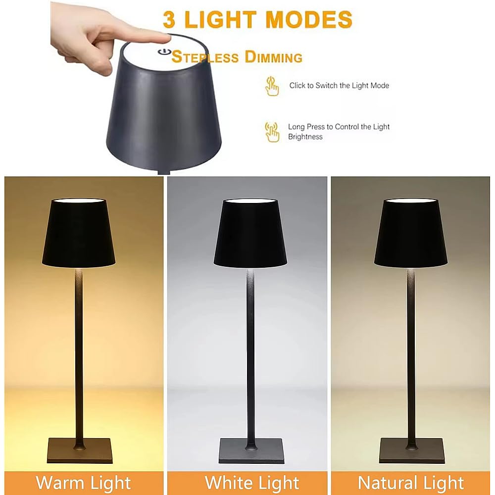 TRIXES Rechargeable Table Lamp, Black, Bistro Style, Cordless Indoor/Outdoor Portable Ambient Light - Image 2
