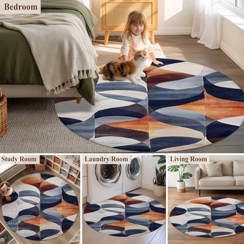 Tapete redondo 6ft azul marino naranja quemado antigolpes lavable miniatura 6