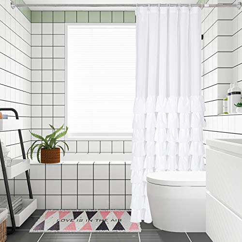 Brhf Farmhouse White Ruffle Shower Curtain 72" In Long & Wide - Quick Drying - 12 Buttonholes Design - Easy To Install - Fade Resistant And Opaque, Great For Bathroom #TOP2