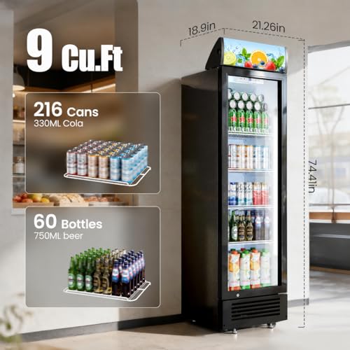 Image of Kismile 9.1 Cu.Ft Large Commercial Refrigerator with Customizable Lightbox, Display Fridge with Wheels, Lock & Key, Double-Tempered Glass Beverage Refrigerator for Bar, Restaurant, Outdoor