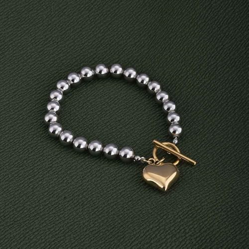 Image of PALMONAS 18k Multi Tone Plated Silver Bead Bracelet with Gold Heart Charm for Womens | Gifts for Girlfriend, Gifts for Women and Girls |